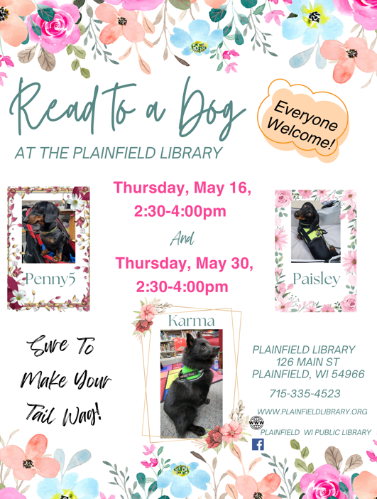 Pups Ahoy!  Come to our next Read to a Dog Events! 
